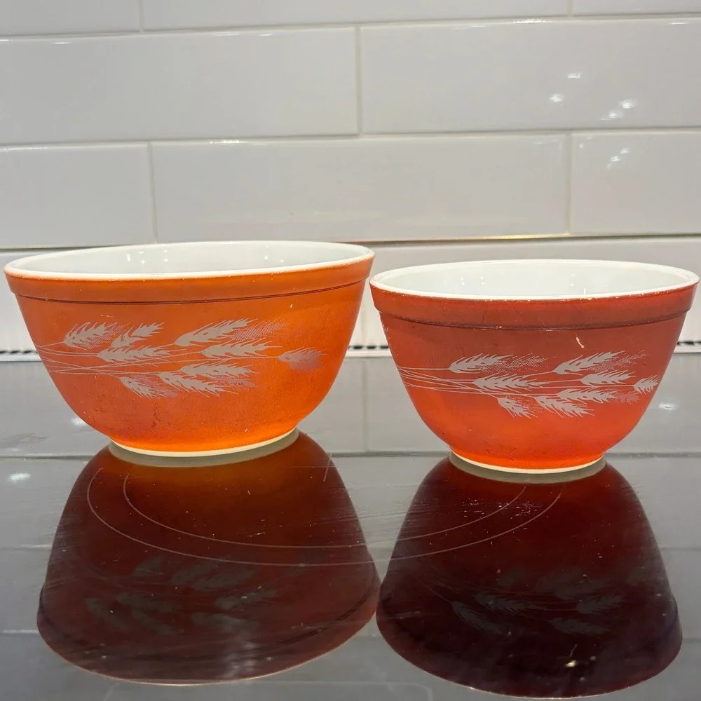 Vintage Pyrex Autumn Harvest Nesting Mixing Bowls 1.5L 750m Orange Wheat Pattern